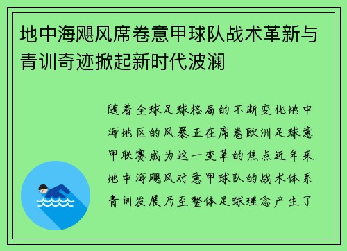 地中海飓风席卷意甲球队战术革新与青训奇迹掀起新时代波澜
