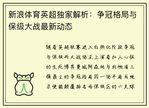 新浪体育英超独家解析：争冠格局与保级大战最新动态